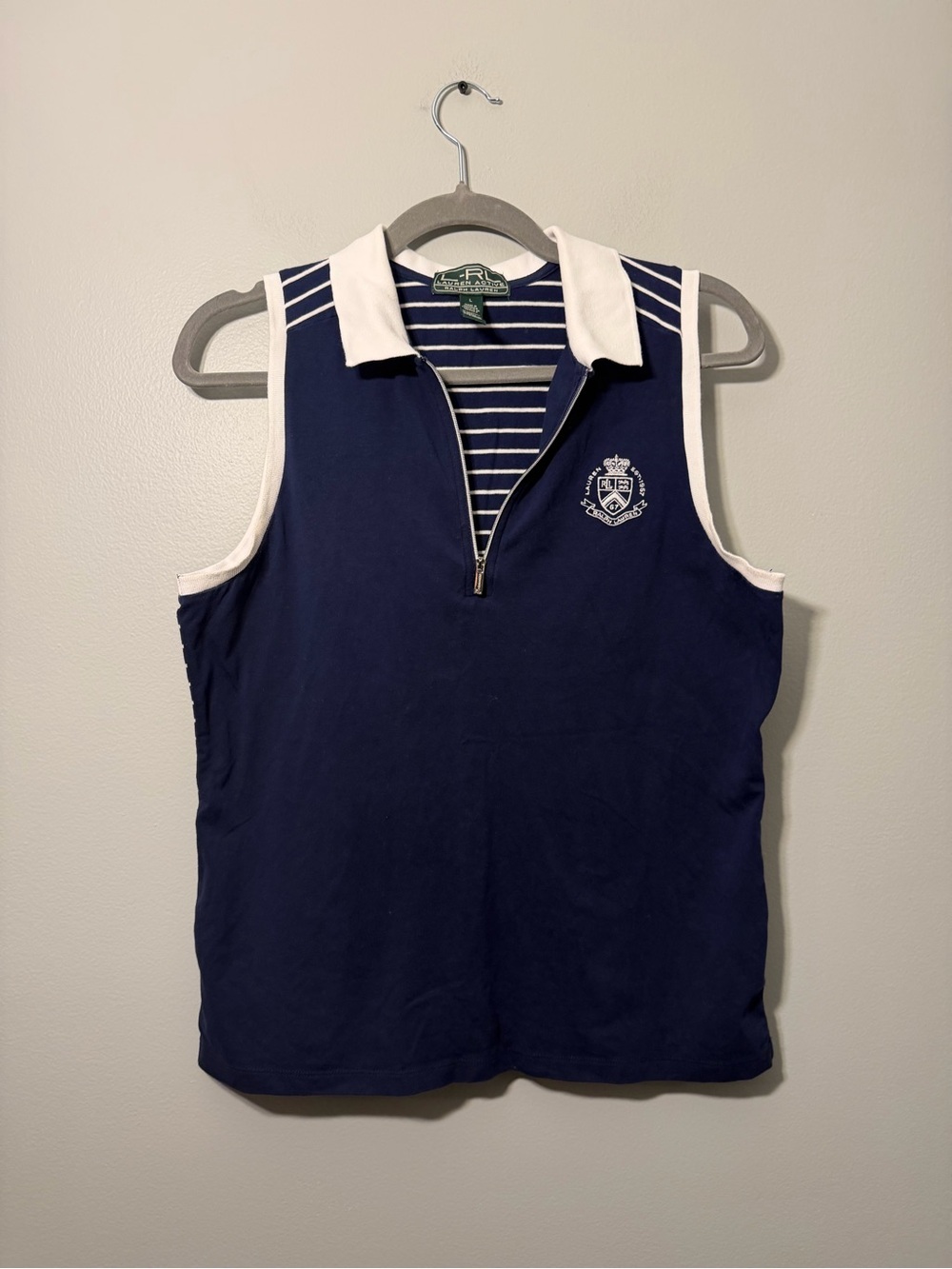 L-RL Active Ralph Lauren Navy Sleeveless Polo with White Trim and Crest